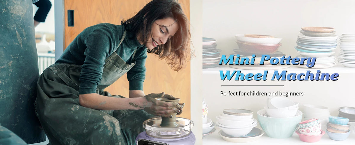 A woman is using a Mini Pottery Wheel Machine for pottery classes or home crafting.