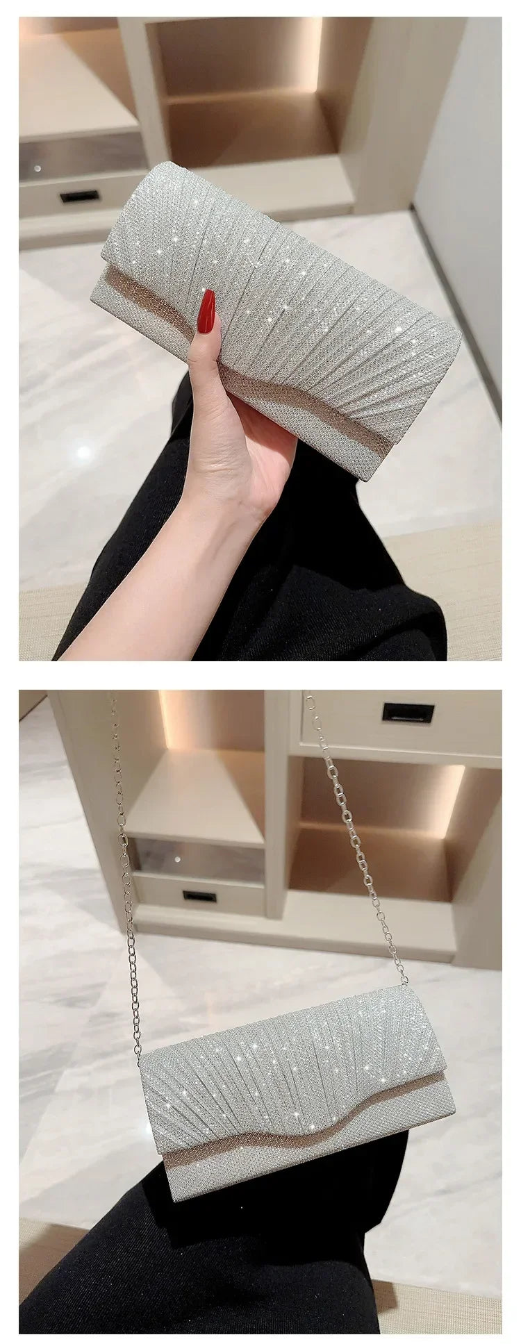 Glitter Envelope Clutch with Chain Strap
