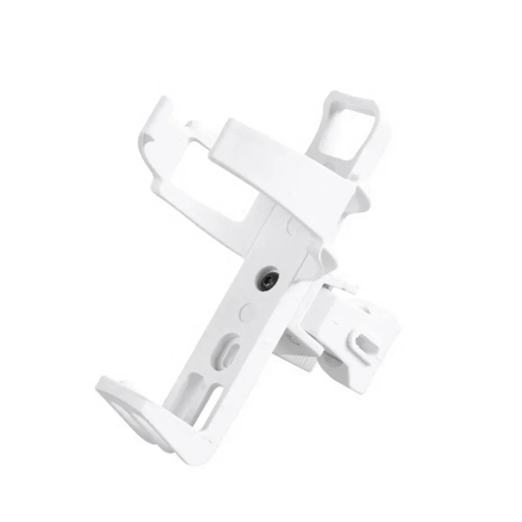 White rotatable bicycle water bottle cage for securing bottles on a bike frame.