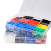An open plastic box containing various colored heat shrink tubing, including red, blue, yellow, and black.