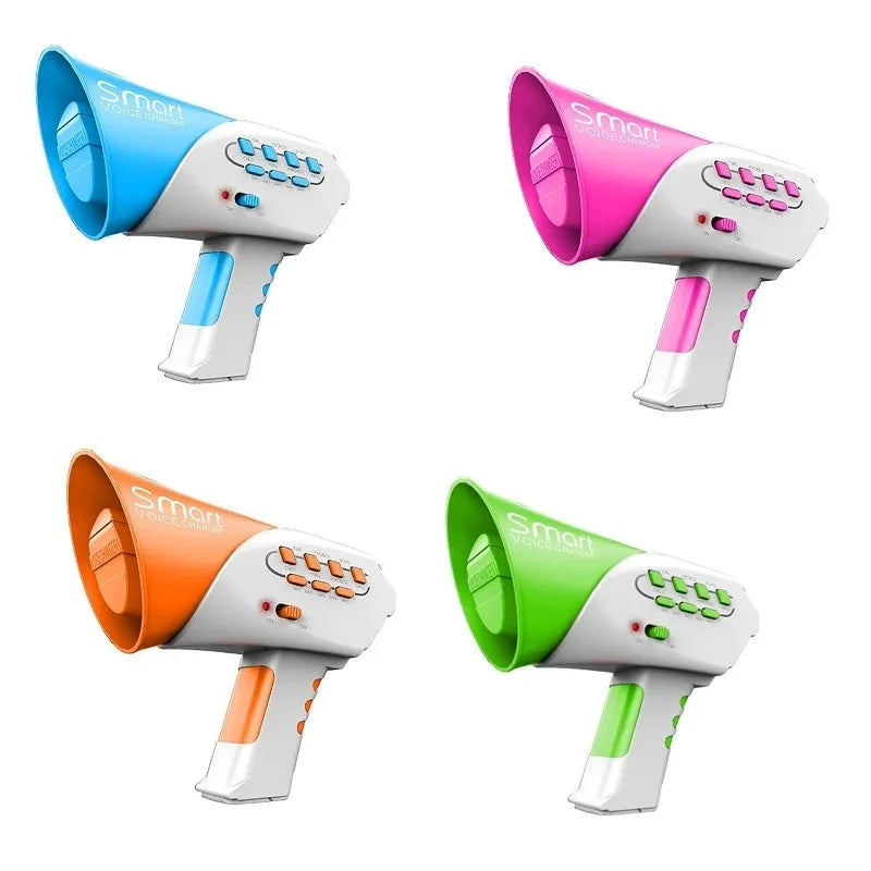 Three versions of a smart megaphone toy for kids voice changing with different colors pink orange and green