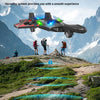 A black hovering drone is shown above a mountain landscape, demonstrating a hovering system.