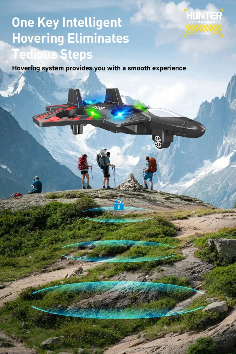 A black hovering drone is shown above a mountain landscape, demonstrating a hovering system.