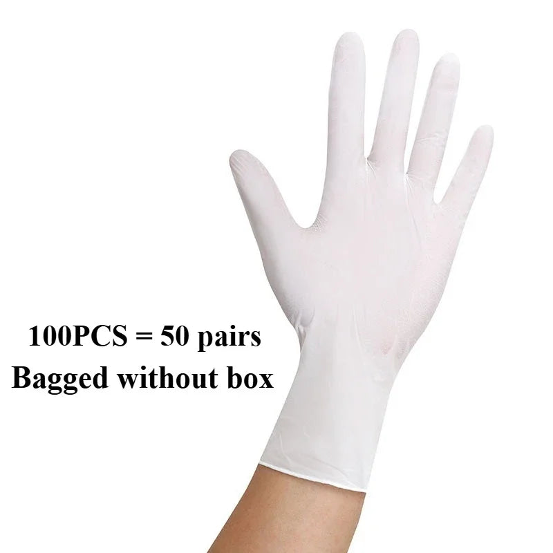 A hand wearing a disposable white nitrile glove, with text indicating 100 pieces equal to 50 pairs bagged without a box.