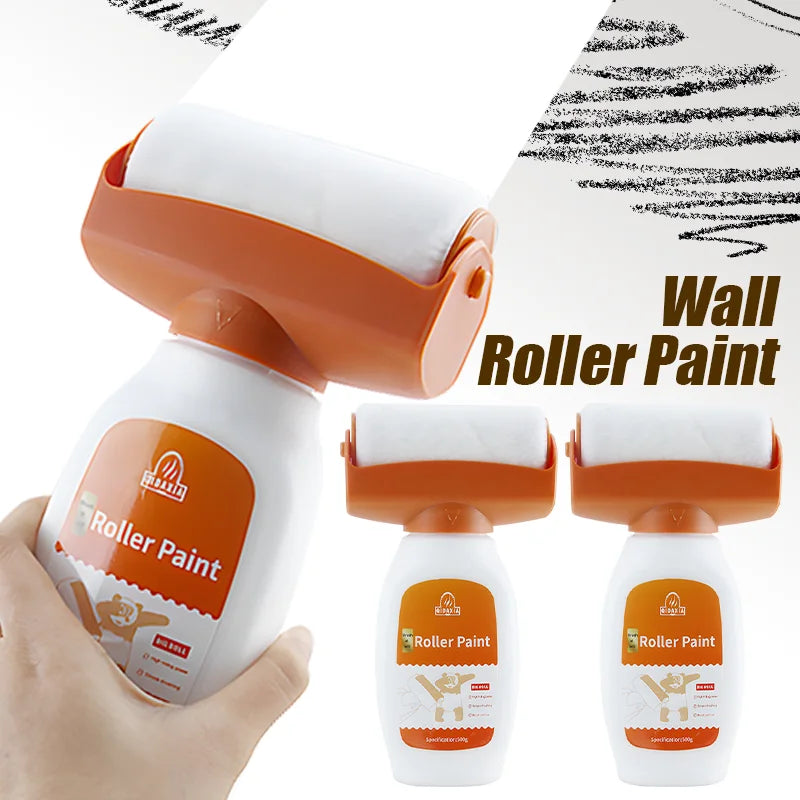 A hand is applying Wall Roller Paint, a white roller with an orange handle and paint, to a surface.