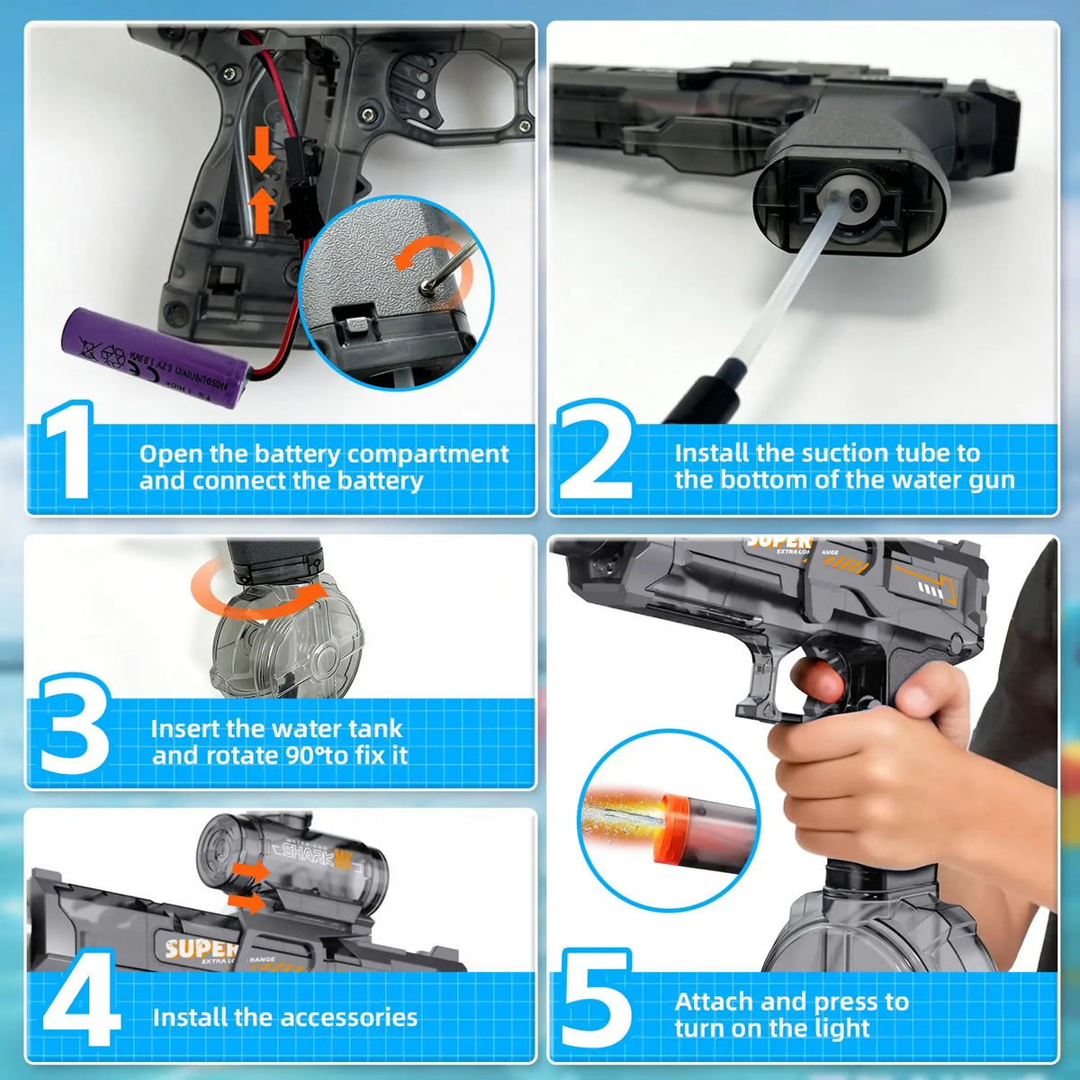 Five steps showing how to assemble and use an automatic electric water gun with LED lights