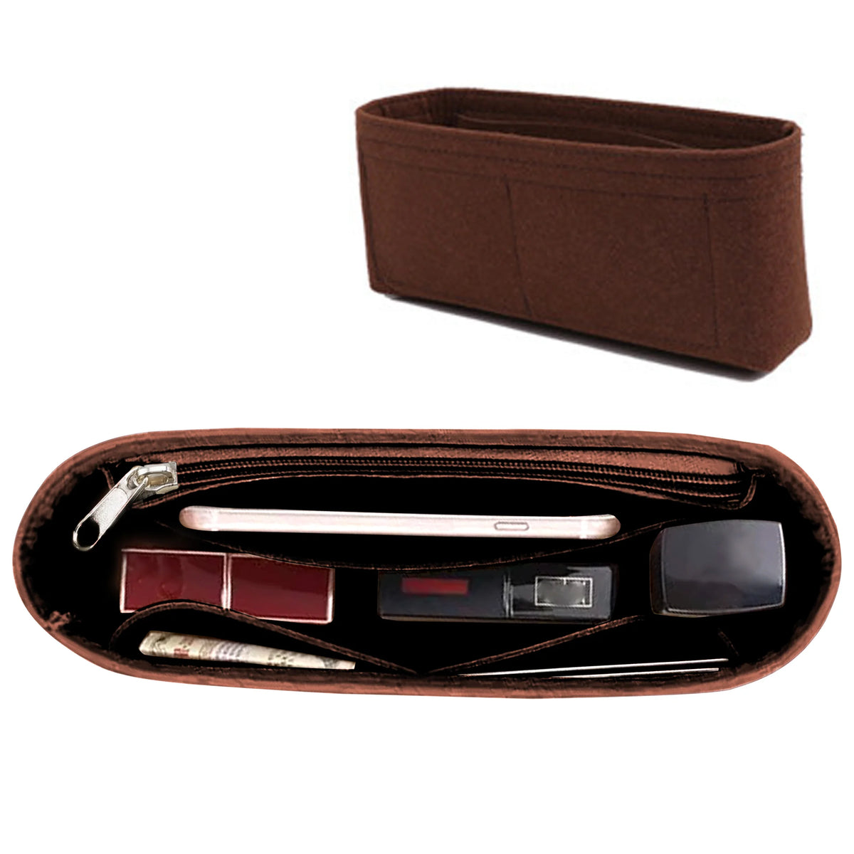 A brown felt purse organizer insert with a zipper is shown, featuring slots for various small items.