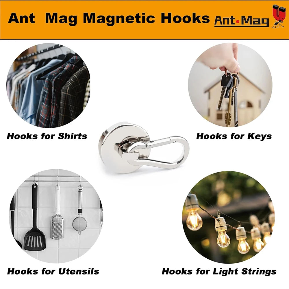 A collection of heavy duty neodymium magnetic hooks including hooks for shirts, keys, utensils, and light strings.