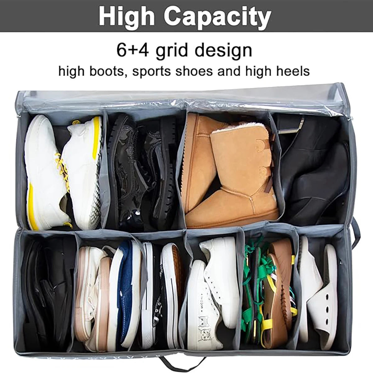 High capacity shoe storage organizer with a 6x4 grid design holding boots, sports shoes, and high heels.