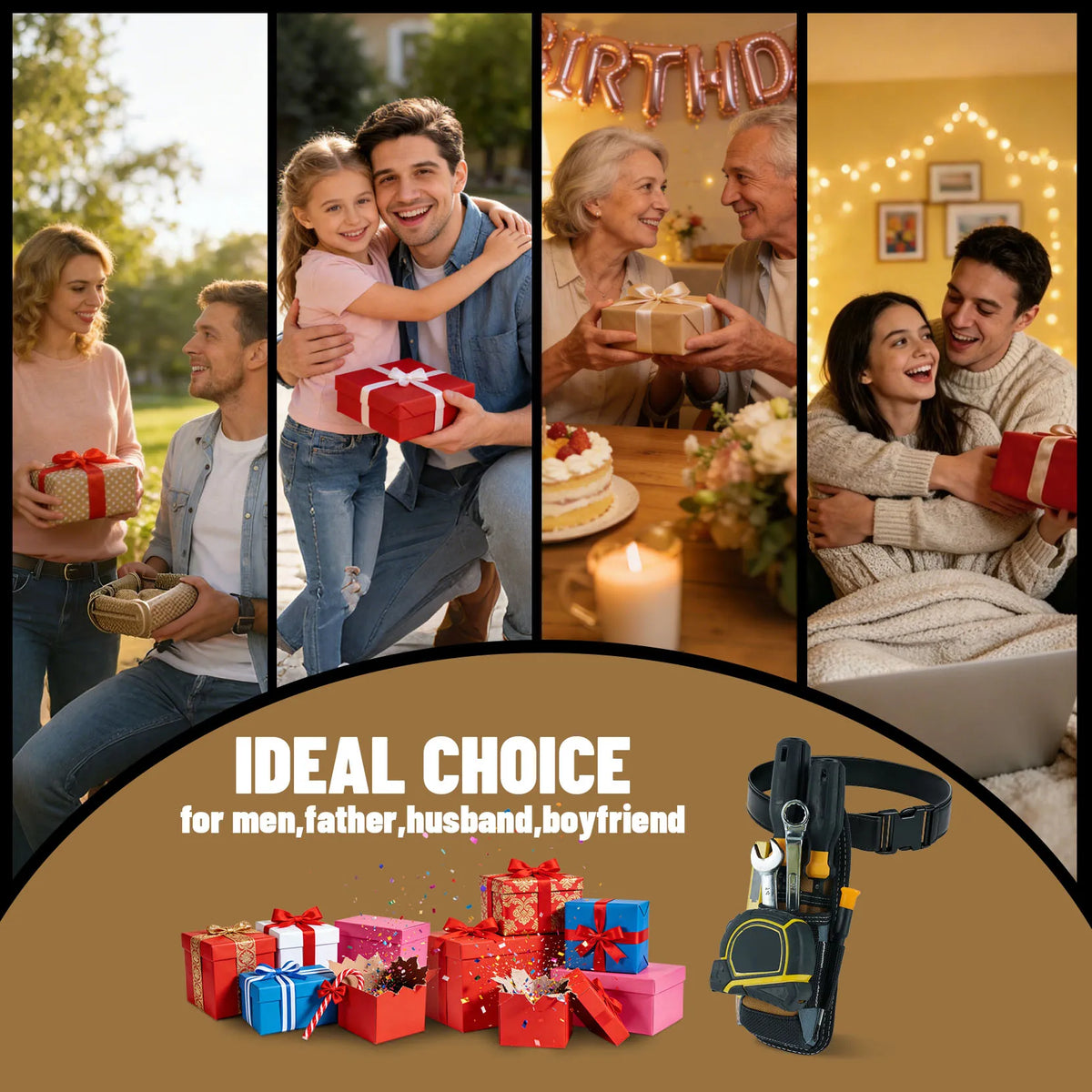 A compact clip-on tool pouch with a black belt holster displayed next to various gift boxes.