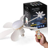 A black box for a Flower fan light is shown next to a hand holding a white ceiling fan with a remote control.