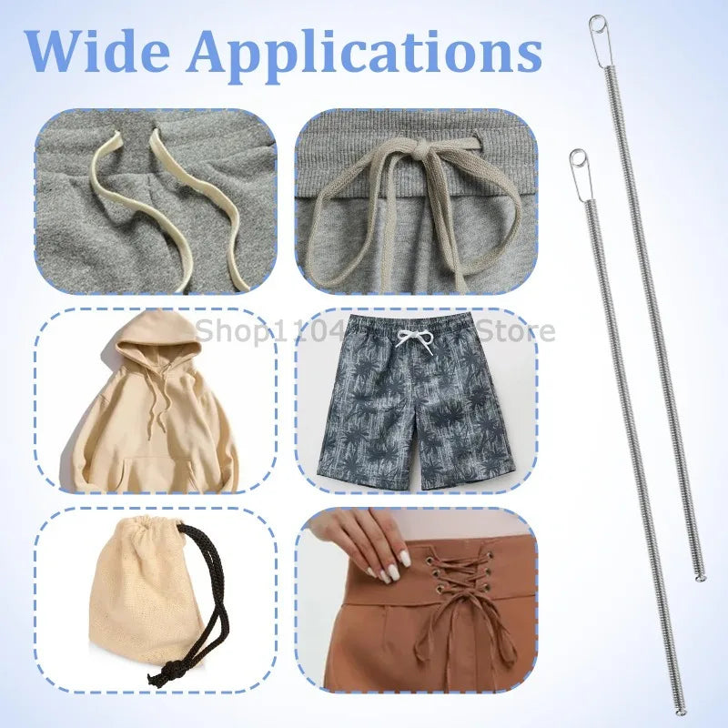 A collection of products demonstrating wide applications including a drawstring tool, a hoodie, shorts, and a fabric item wit