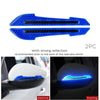 Two blue reflective glow-in-the-dark bumper strips recommended for the back of a rearview mirror