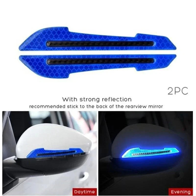 Two blue reflective glow-in-the-dark bumper strips recommended for the back of a rearview mirror