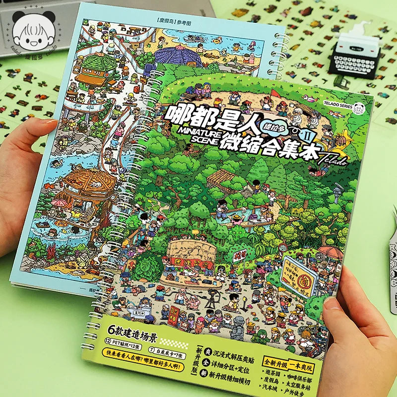 A colorful sticker book featuring miniature scenes and craft elements for building dioramas.