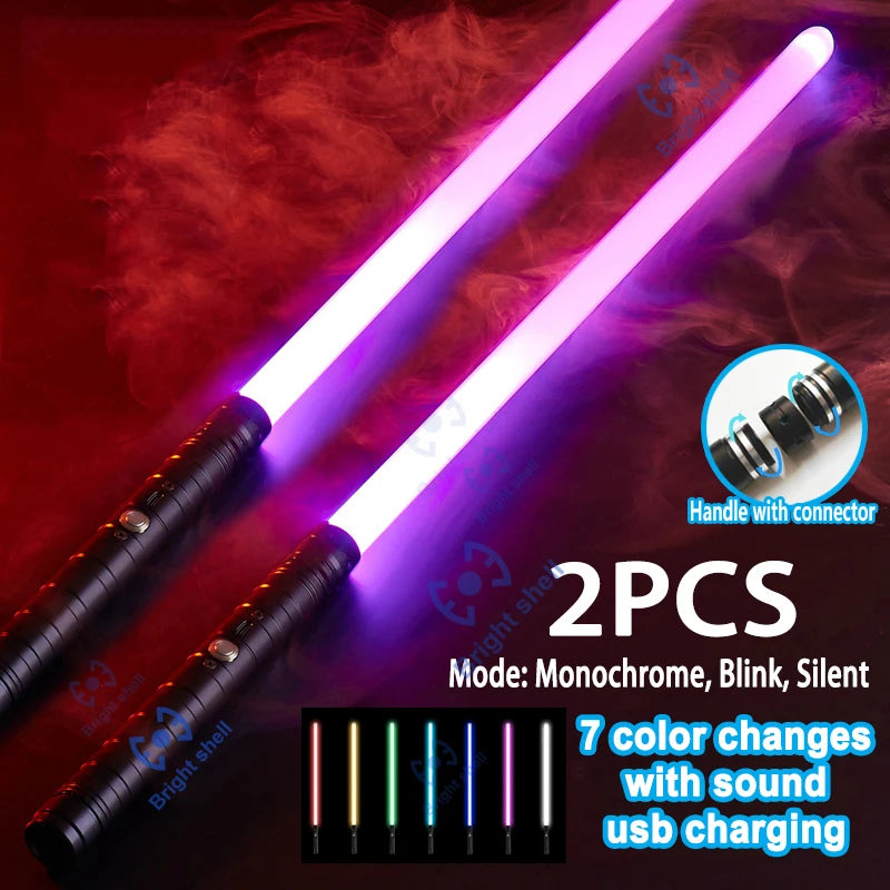 Two neon pink lightsabers with glow effects and a box showing 7 color changes with sound usb charging