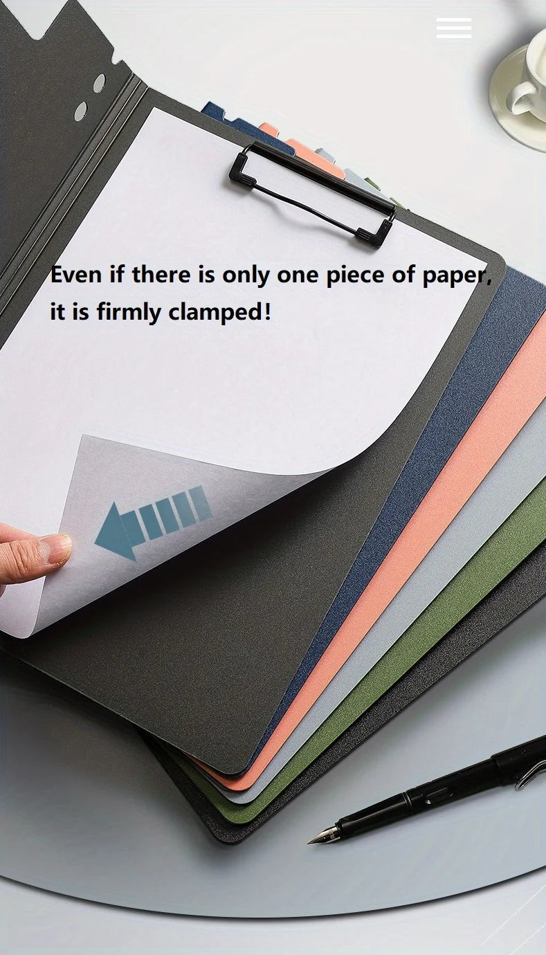 A stack of durable A4 clip folders in various colors is shown with a piece of paper firmly clamped inside.