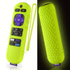 A lime green silicone remote cover for a Roku device, shown with its attached lanyard.