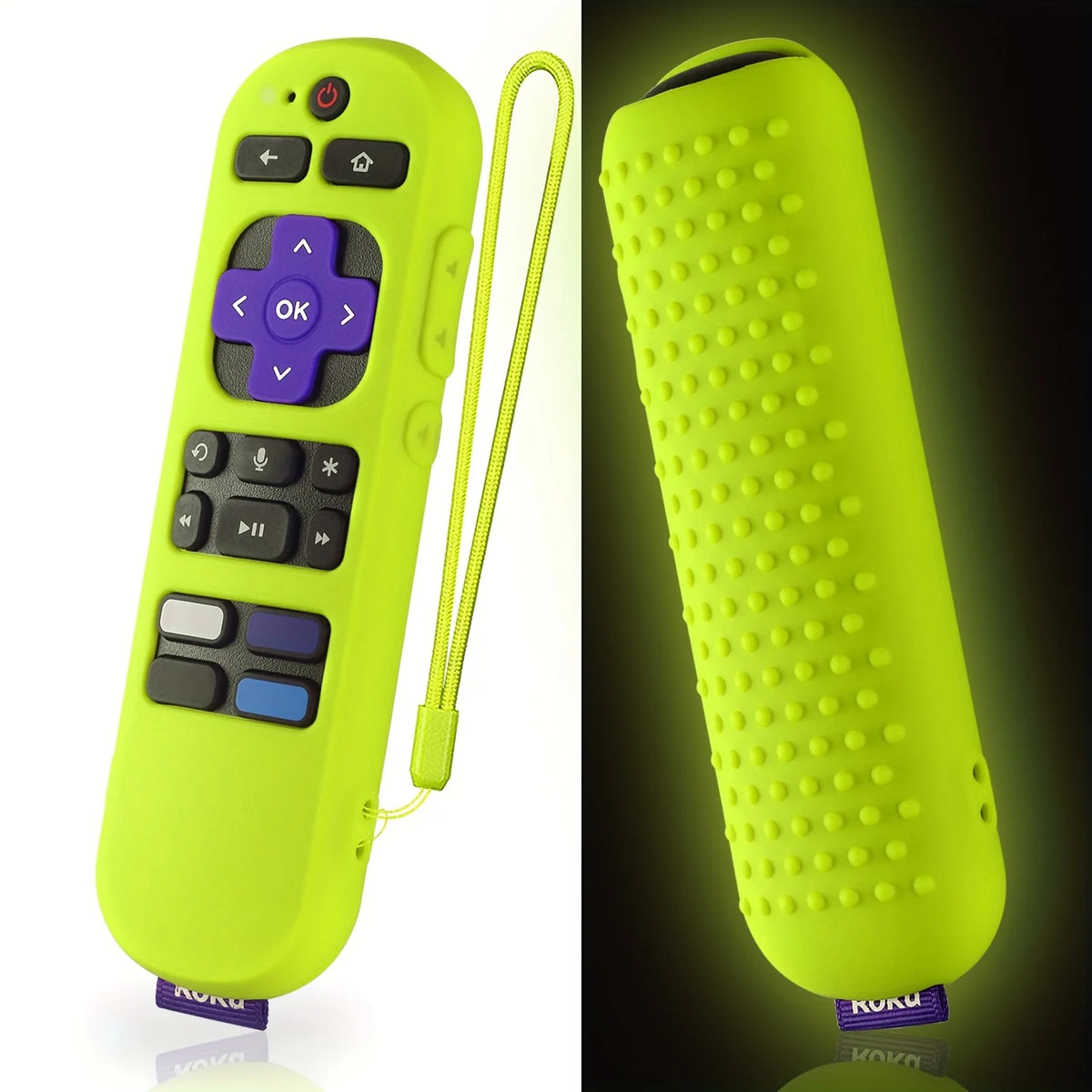A lime green silicone remote cover for a Roku device, shown with its attached lanyard.