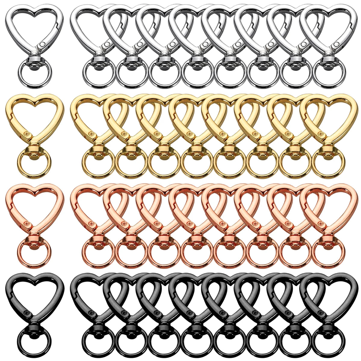A collection of heart-shaped spring hook keychains in silver, gold, rose gold, and black.