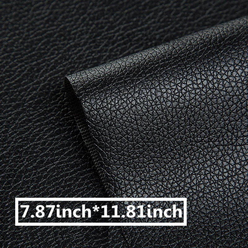 A close-up of a black leather material showing a stitched edge and a size measurement of 7.87 inch by 11.81 inch.