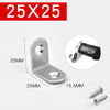 A stainless steel 90-degree angle bracket is shown with dimensions and accompanying screws.