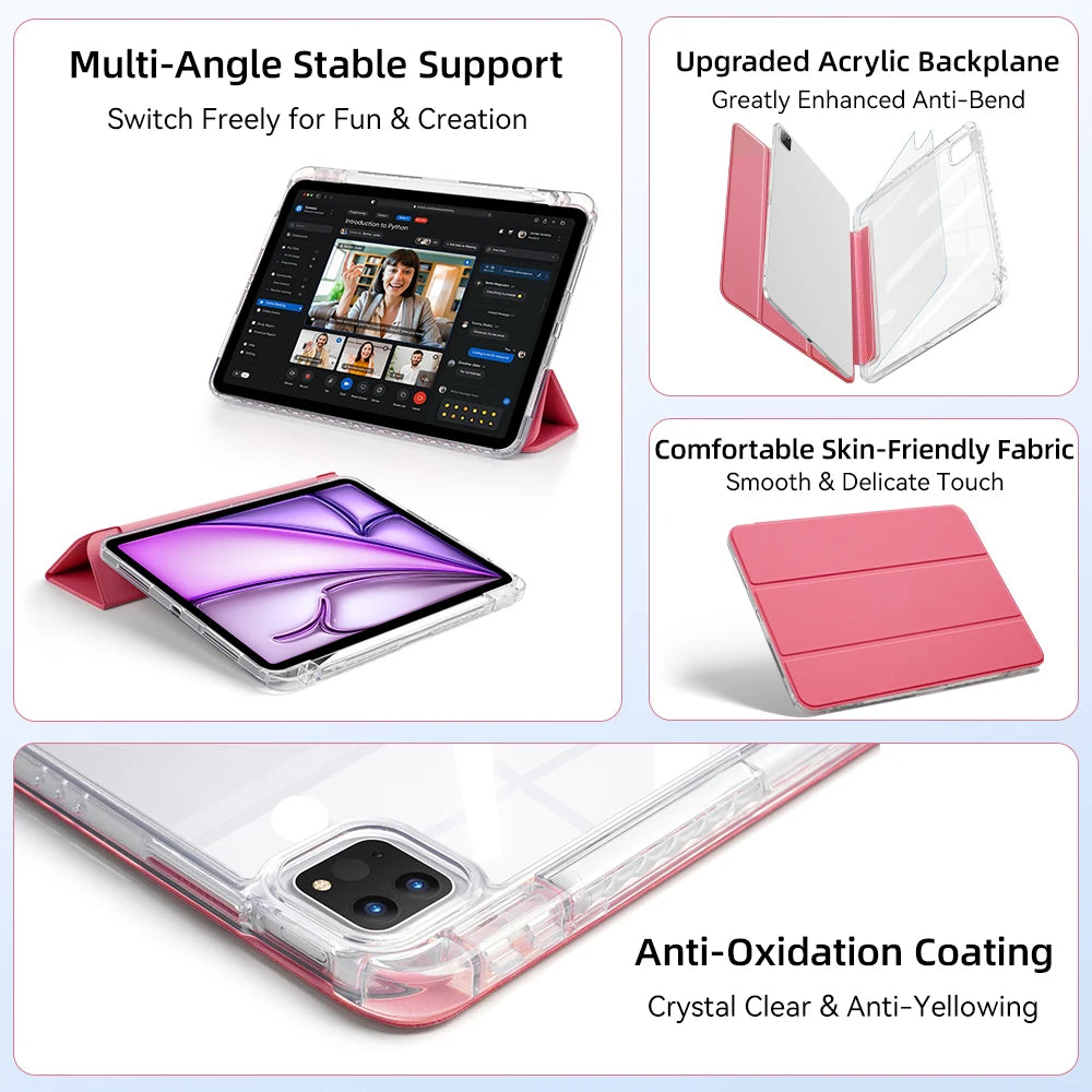 A clear acrylic slim trifold iPad case with a pink frame and anti-oxidation coating.