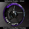 A close-up view of a motorcycle wheel featuring reflective purple and silver decals for the Yamaha MT-07.