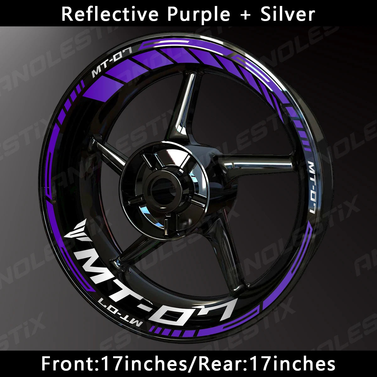 A close-up view of a motorcycle wheel featuring reflective purple and silver decals for the Yamaha MT-07.