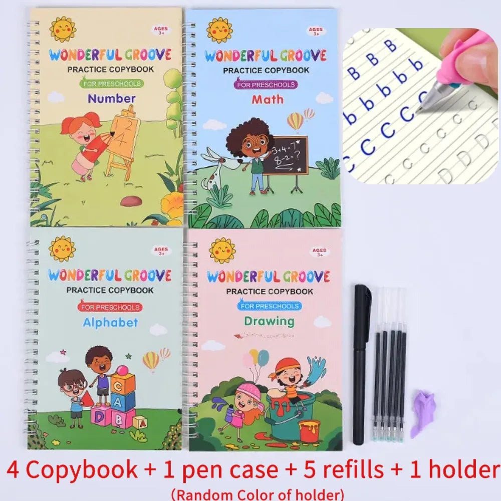 A set of four Wonderfull Groove practice copybooks for preschool children, including math and drawing books, along with a pen