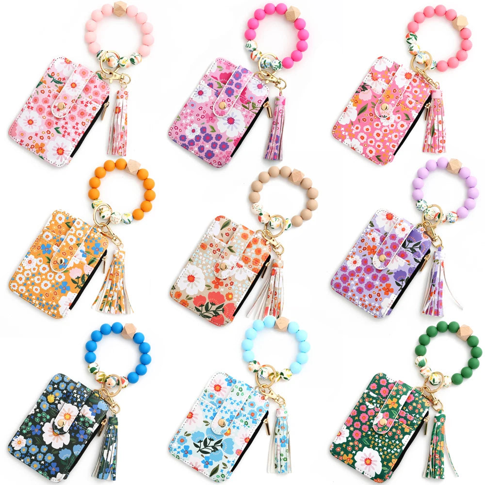 Floral Print PU Leather Wristlet Wallet with Card Holder