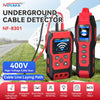 A red and black underground cable detector device is shown with various functions like cable scan, pinpointing, and NCV testi