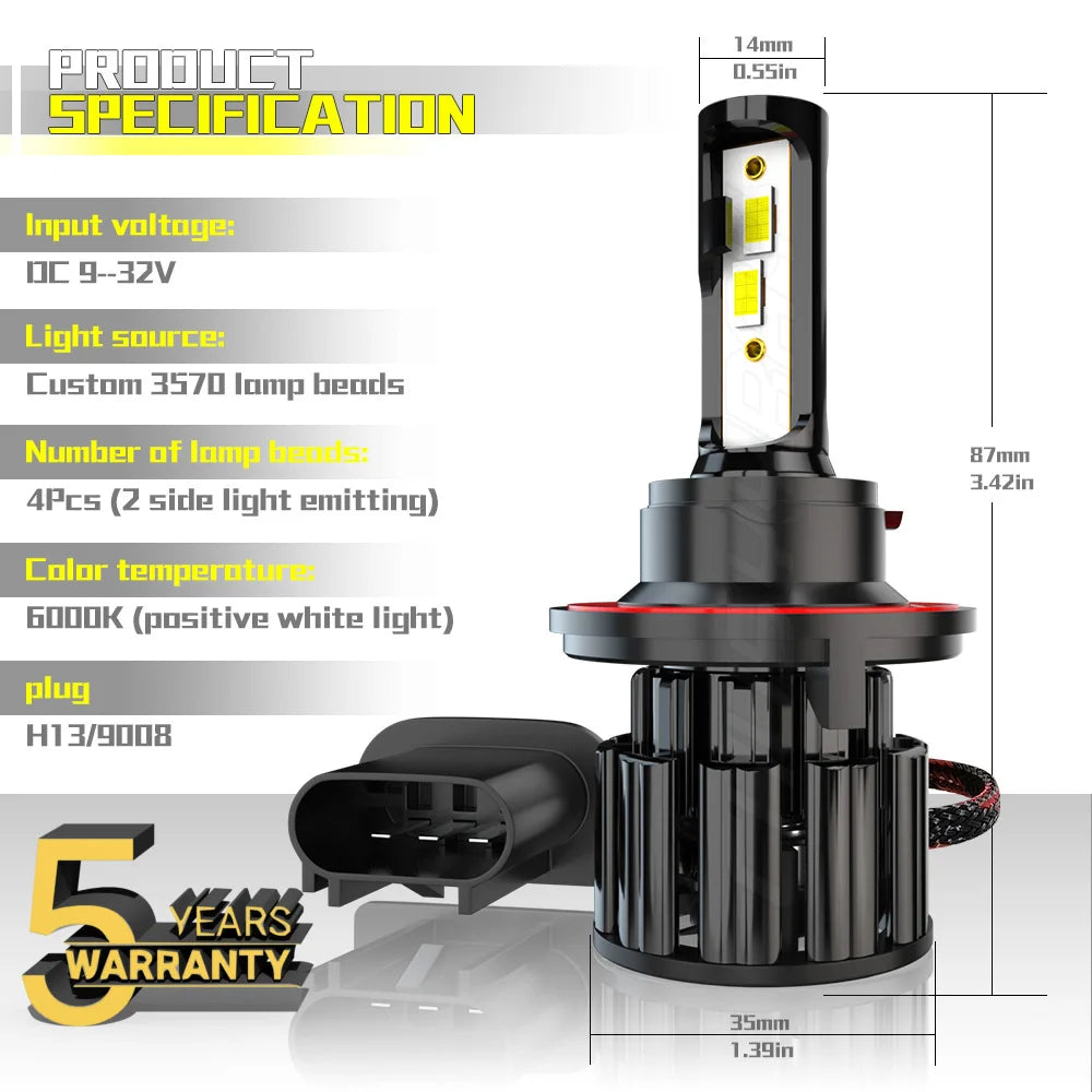A pair of 9008 H13 LED headlight bulbs with light beads and a plug for automotive use.
