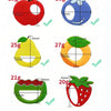 Various silicone fruit-shaped teethers of different sizes and weights, including apples, grapes, pears, and strawberries.