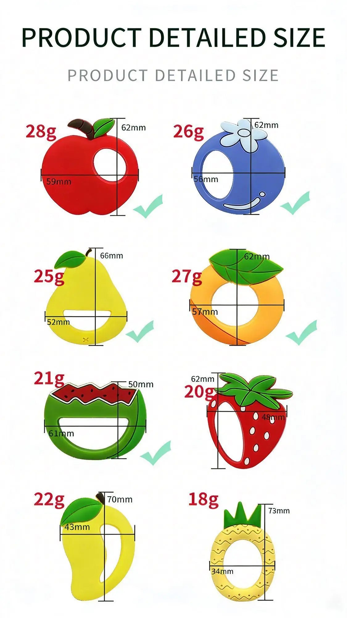 Various silicone fruit-shaped teethers of different sizes and weights, including apples, grapes, pears, and strawberries.