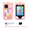 A pink unicorn-themed smart phone with dual cameras and a music player, shown next to its charging cable and 8GB memory card.