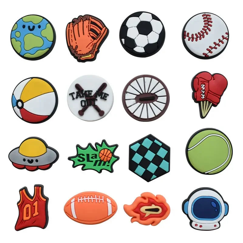 A collection of various fun PVC pins and charms featuring sports themes like soccer balls, baseballs, and footballs.