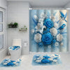 Blue and white peony floral shower curtain set with matching rug and toilet cover
