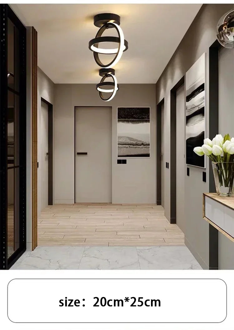 Modern pendant light fixture with an oval design hanging in a contemporary interior hallway.