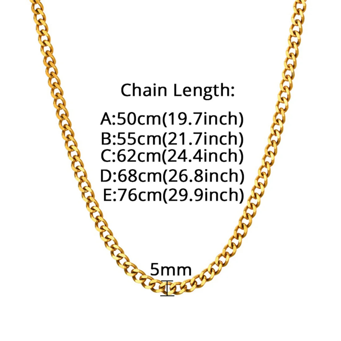 A diagram showing various chain lengths for a 5mm stainless steel Cuban link necklace.