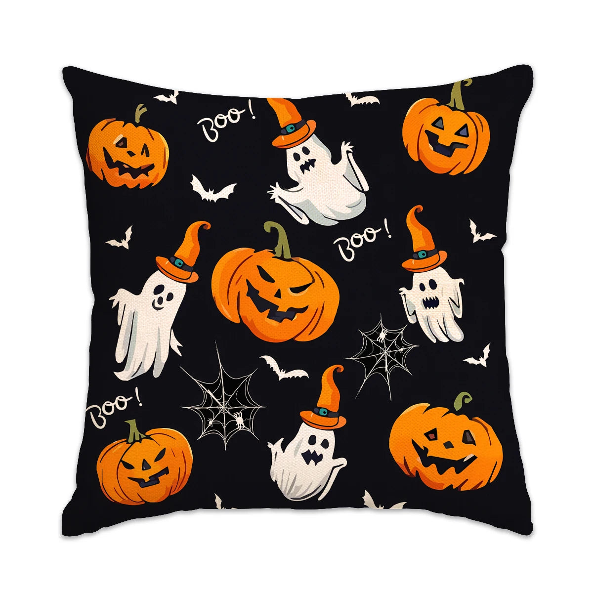 Cojín decorativo negro con calabaza de Halloween naranja y diseños de fantasmas con murciélagos.
