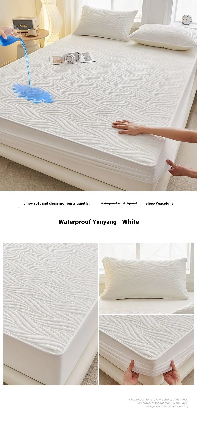 White waterproof mattress protector shown with a fitted cover and pillow, emphasizing its soft and clean features.