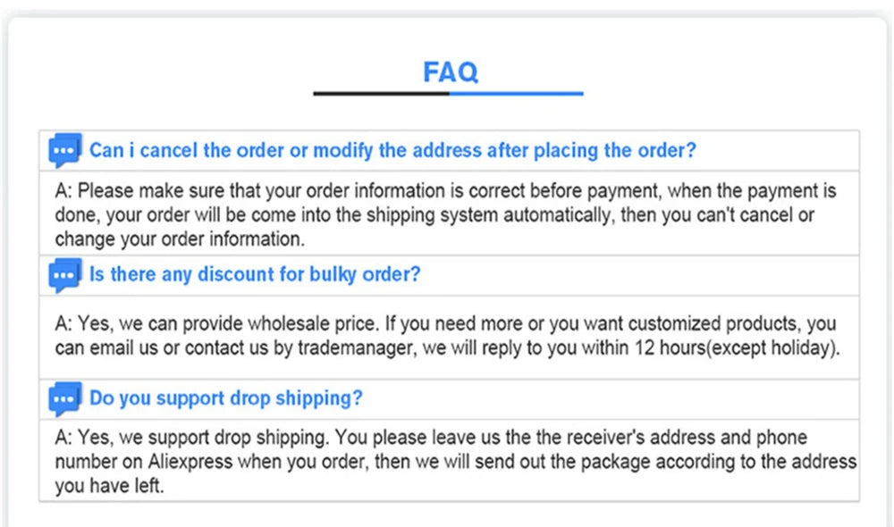 FAQ section detailing policies regarding order modification, discounts, and drop shipping support
