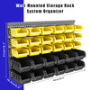 A wall-mounted storage rack system organizer with yellow and black plastic bins.