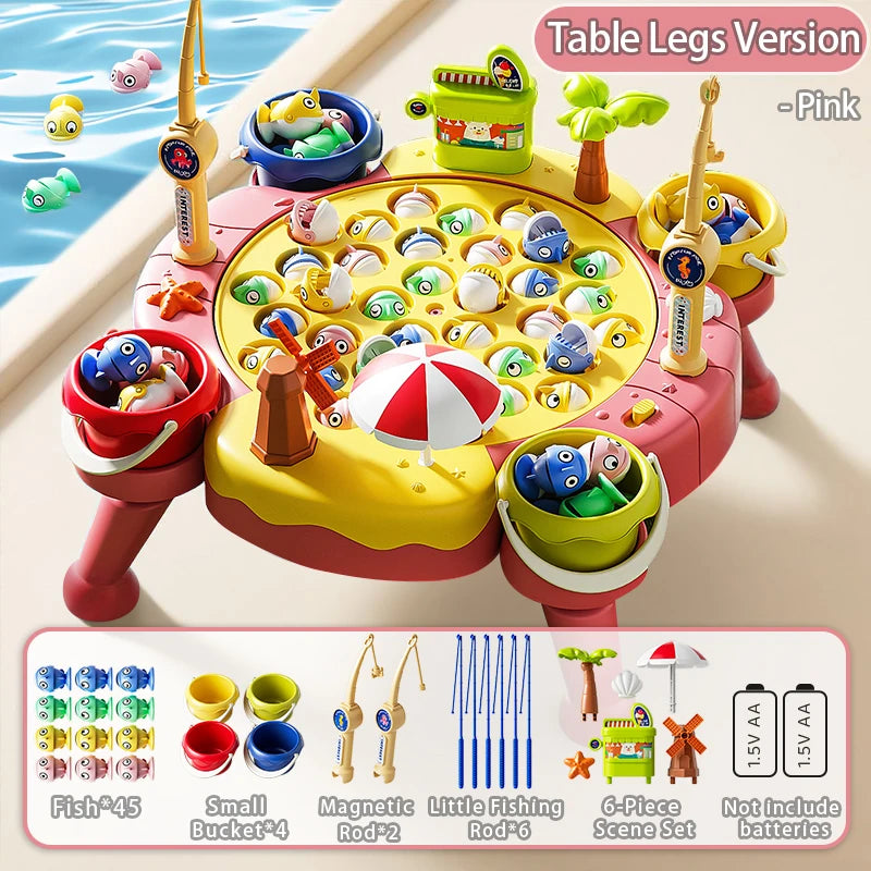 Pink table legs version of a magnetic fishing game set with various rods and buckets
