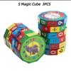 Three colorful S Magic Cubes used as a Montessori math learning toy for numbers and arithmetic.