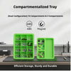 A green compartmentalized tray with two configurations, ABS and Magnet, for storing hardware and jewelry.