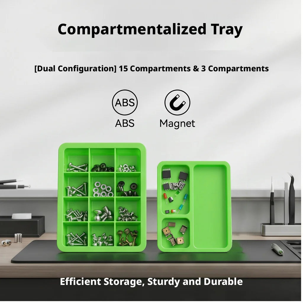A green compartmentalized tray with two configurations, ABS and Magnet, for storing hardware and jewelry.