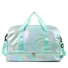 A mint green iridescent duffel bag with light blue straps and a zipper pocket.