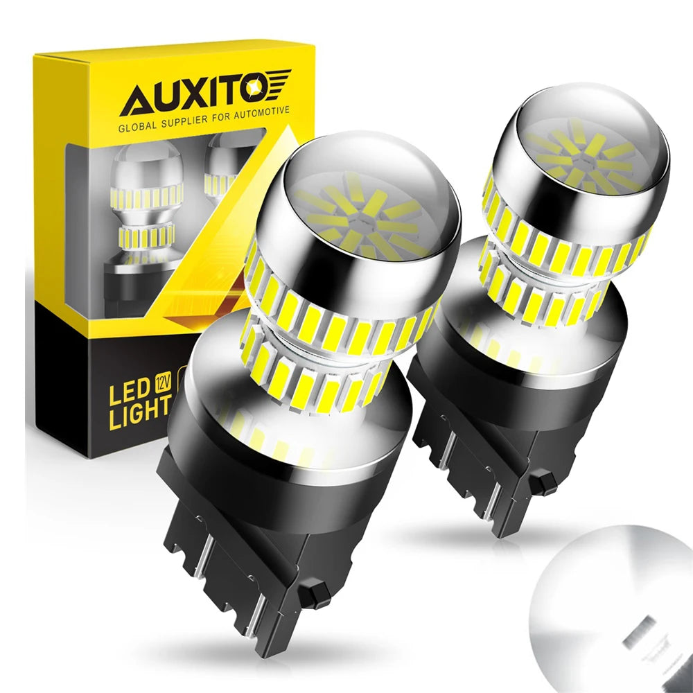 A box and several high-performance 3157 LED bulbs for automotive turn signal, brake, and reverse lights.